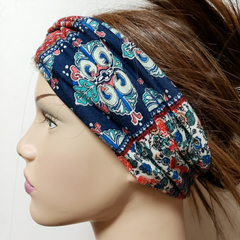 Persian Blue Print Turban Headband, Cute Headwraps - Picture 6 of 8
